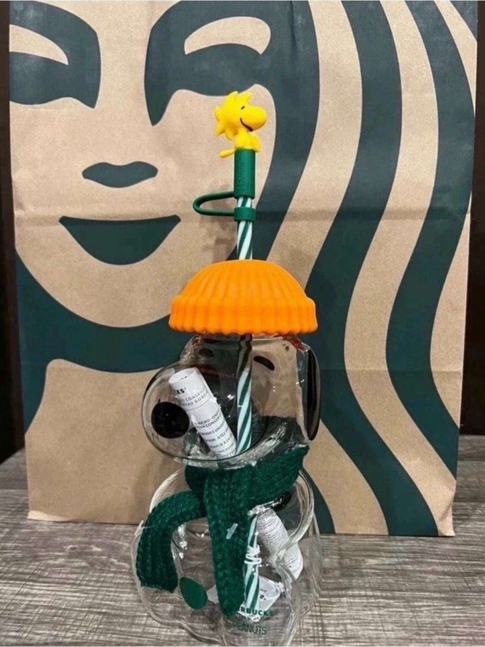 Starbucks Snoopy Clear Bottle with Orange Hat and Green Scarf